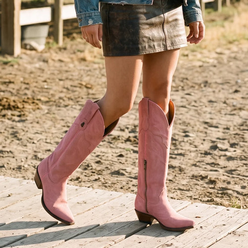 Bota alta en piel de Res color Rosa