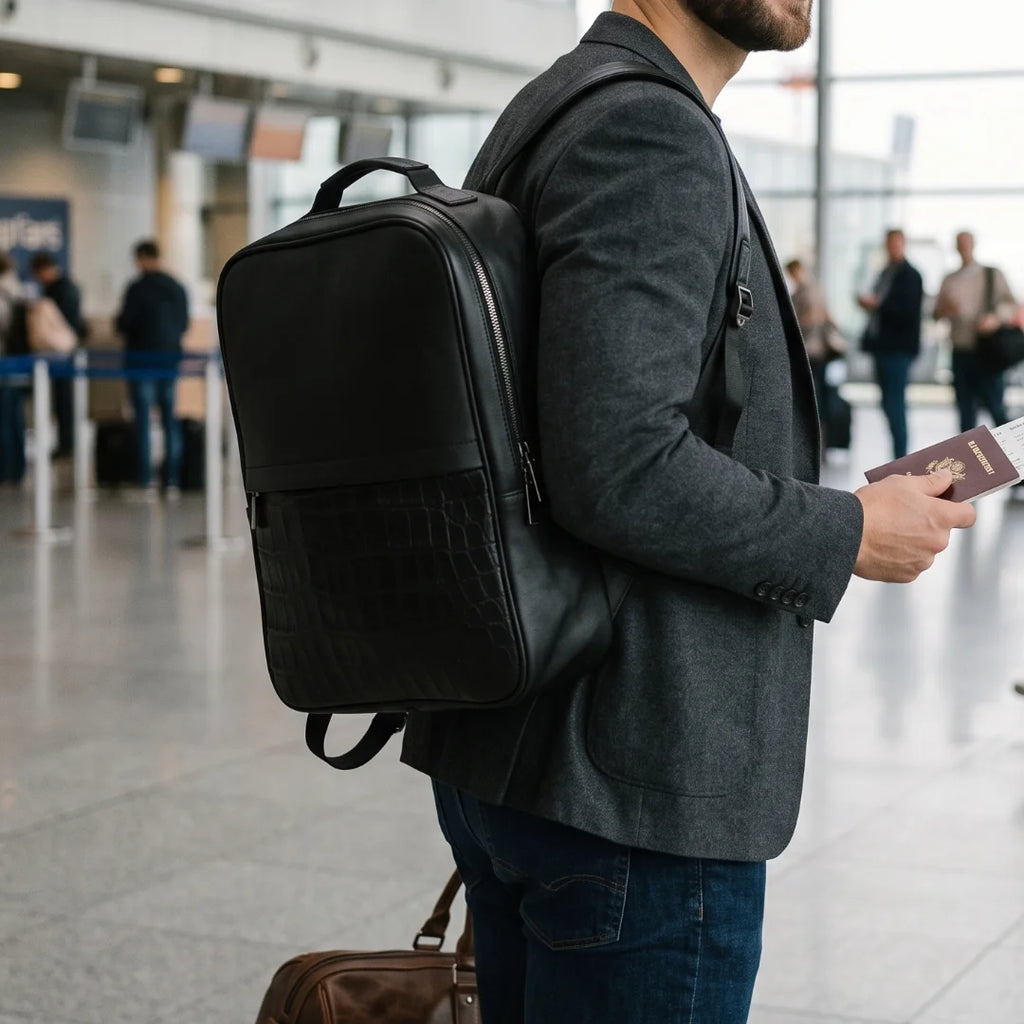 Mochila De piel con aplicación en piel de Caimán